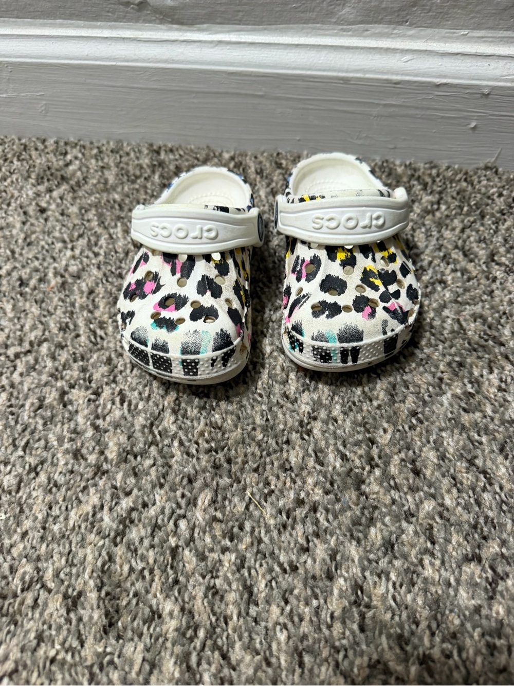 CROCS Kids White Leopard Print Clogs with Pink, Yellow & Teal Accents